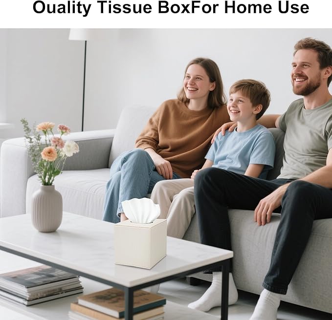 White Square PU Leather Tissue Box Cover with Magnetic Bottom – Stylish Cube Holder for Napkins, Decorative for Bathroom, Living Room, Office, Car, Nightstand