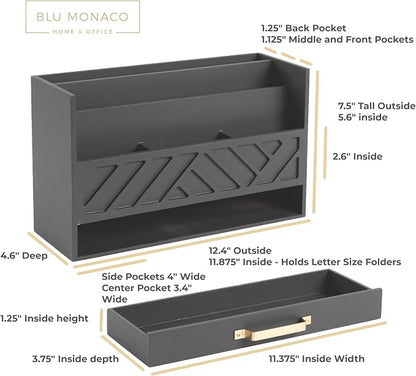 BLU MONACO | Wooden Mail Organizer with Drawer Gold Handle | Mail Sorter Organizer Countertop and Outgoing Mail Holder | Tabletop Organizer with Drawers Grey Desk Storage