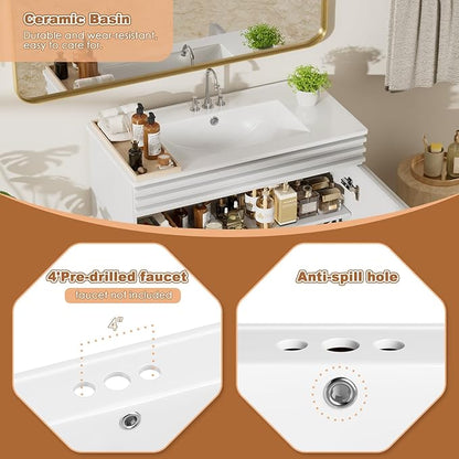 ROOMTEC 36" Bathroom Vanity with Sink, Mid-Century Freestanding Bathroom Vanity Sink with Storage, Undermount Ceramic Sink, Particleboard Frame with Wood Grain Laminate, White
