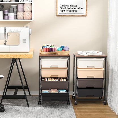 SYKIARIOL Utility Cart with 4 Drawers,Rolling Storage Cart with Drawers,Storage Rolling Drawer Cart,Brown