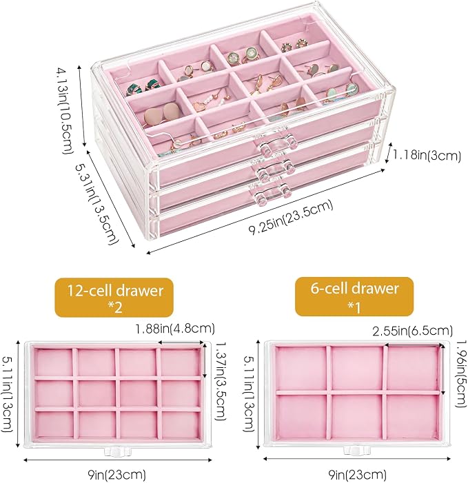 ProCase Earring Holder Organizer Jewelry Box with 3 Drawers, Acrylic Clear Earring Case with Adjustable Velvet Trays for Women - Pink, 3 Layers