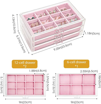 ProCase Earring Holder Organizer Jewelry Box with 3 Drawers, Acrylic Clear Earring Case with Adjustable Velvet Trays for Women - Pink, 3 Layers