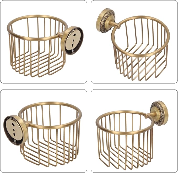 Antique Toilet Paper Holder Basket, Brass Antique Toilet Paper Holder Wall Mounted with Stable Metal Stand, Vintage Bathroom Decor Toilet Roll Holder with Shelf, Tissue Paper Roll Dispenser