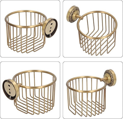 Antique Toilet Paper Holder Basket, Brass Antique Toilet Paper Holder Wall Mounted with Stable Metal Stand, Vintage Bathroom Decor Toilet Roll Holder with Shelf, Tissue Paper Roll Dispenser
