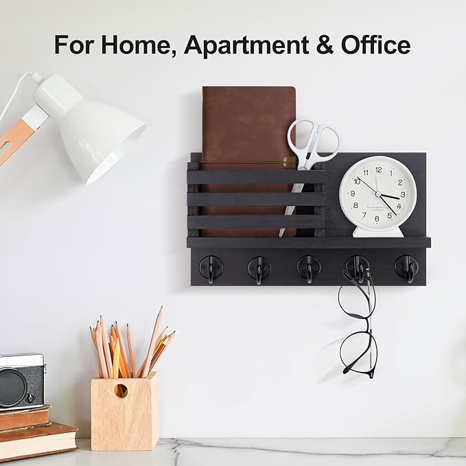 Lwenki Key Holder for Wall – Decorative Wooden Mail Holder and Key Shelf with Mounting Hardware, Installation Guide – Paulownia Wood with Metal Key Hooks (Black, Large - 11.8inch)