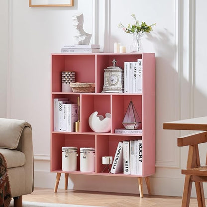 LEYAOYAO Cube Bookshelf 3 Tier Mid-Century Light Pink Modern Bookcase with Legs,Retro Wood Bookshelves Storage Organizer Shelf,Freestanding Open Book Shelves for Bedroom,Living Room,Office