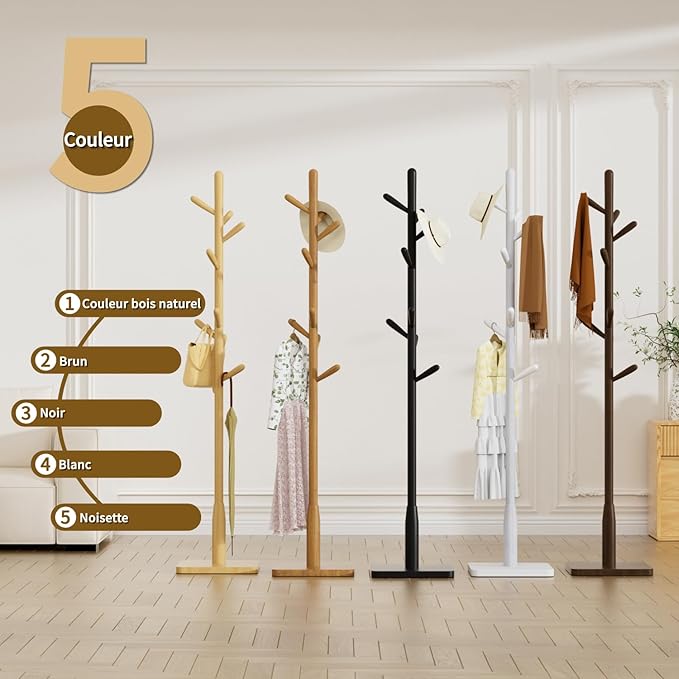 Solid Wood Square Base Coat Rack, Free Standing Hall Coat Tree with 8 Hooks（+2 spare for Coats, Hats, Bags, Purses, for Entryway, Hallway, Rubberwood Hooks,Base and Pole,(Square Base, White)