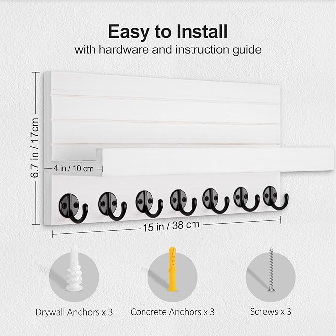Key Holder Wall Mount, Entryway Key and Mail Holder with 7 Sturdy Hooks for Sunglasses, Dog Leash, Decorative Wall Shelf with Mounting Hardware, 15”W x 6.7”H x 4.2”D (White)
