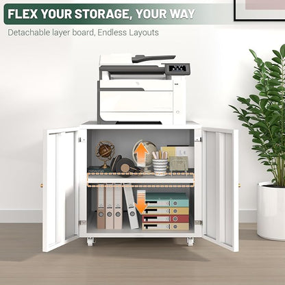 TEEALUBAN Printer Stand with Storage Cabinet with Wheels,3D Heavy Duty Metal Large Printer Table with Adjustable Shelf for Home Office, Mobile Printer Cart,White,23.62" H