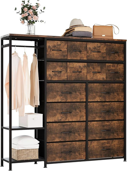 GarveeHome Dresser with 16 Drawers & Hanging Rod & Shelves, Fabric Storage Organizer for Bedroom, Closet, or Entryway