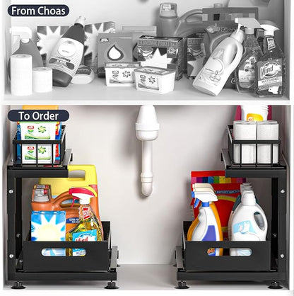 Under Sink Organizer, 2-Tier Premium Metal Pull-Out Racks with Adjustable Height, Heavy Duty Sliding Bin for Bathroom and Kitchen Cabinet Storage, Rust Resistant 2 Pack Black