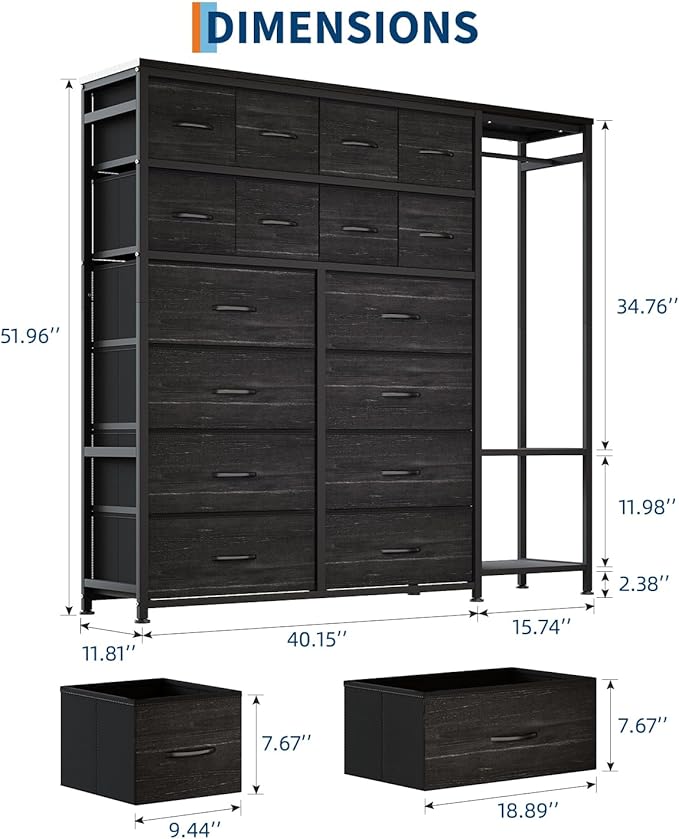 GarveeHome Dresser with 16 Drawers & Hanging Rod & Shelves, Fabric Storage Organizer for Bedroom, Closet, or Entryway