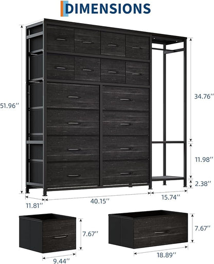 GarveeHome Dresser with 16 Drawers & Hanging Rod & Shelves, Fabric Storage Organizer for Bedroom, Closet, or Entryway