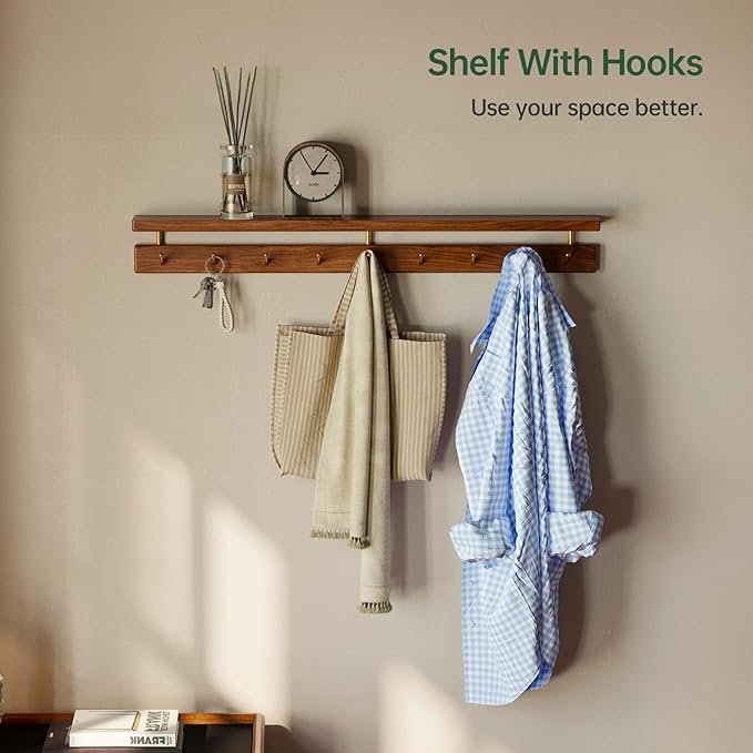 Walnut Wall Hooks with Shelf, Coat Rack Wall Mount, Entryway Hanging Shelf with 9 Brass Hooks for Hats, Clothes, Towels, Bags, Black Walnut Wood, Natural