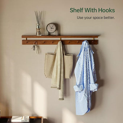 Walnut Wall Hooks with Shelf, Coat Rack Wall Mount, Entryway Hanging Shelf with 9 Brass Hooks for Hats, Clothes, Towels, Bags, Black Walnut Wood, Natural