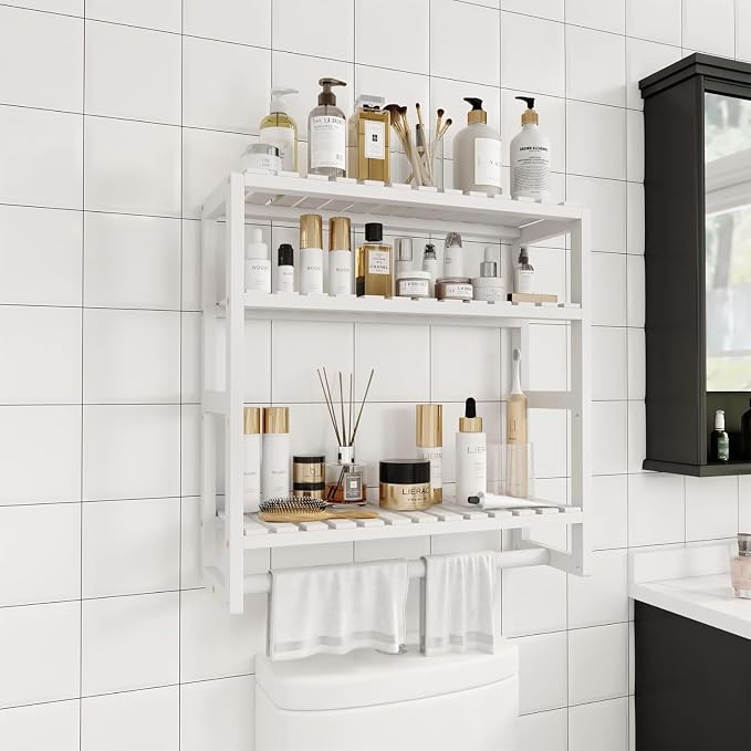 Galood Over The Toilet Storage Bathroom Shelves Wall Mounted 3 Tier Space Saver Corner Shelf Organizer Bamboo Towel Rack Toilet Paper Cabinet with Hanging Rod White