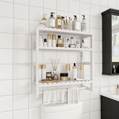 Galood Over The Toilet Storage Bathroom Shelves Wall Mounted 3 Tier Space Saver Corner Shelf Organizer Bamboo Towel Rack Toilet Paper Cabinet with Hanging Rod White