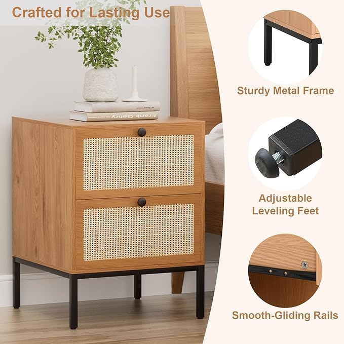 XIAO WEI Natural Rattan Nightstand Set of 2, Boho Night Stand with 2 Drawers, Bedside Table Accent Cane End Table Side Table for Bedroom Living Room, Metal Legs/Small/Light Brown