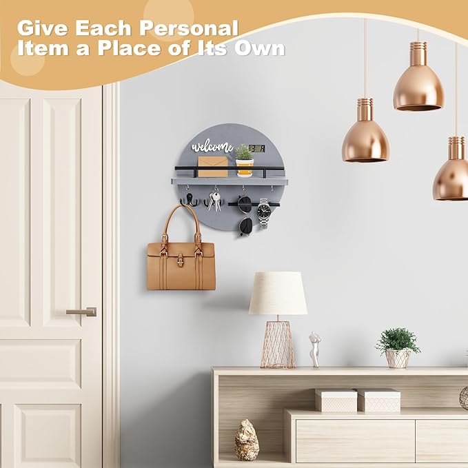 Key Holder for Wall, Key and Mail Holder Organizer with - Key Holder Wall Mount - Round Wooden Rustic Home Decor for Entryway, Mudroom, Hallway, Kitchen Office (Gray)
