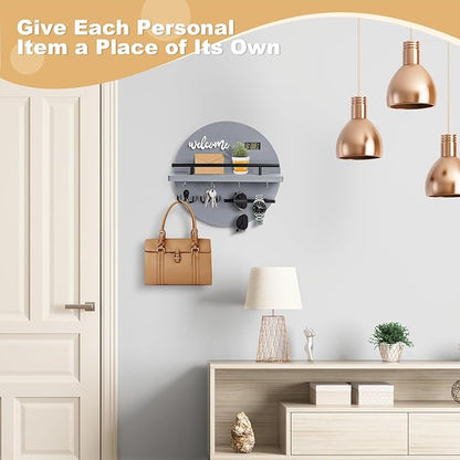 Key Holder for Wall, Key and Mail Holder Organizer with - Key Holder Wall Mount - Round Wooden Rustic Home Decor for Entryway, Mudroom, Hallway, Kitchen Office (Gray)