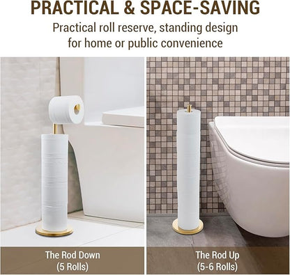 MyGift Modern Brass Tone Metallic Plated Floor Standing Toilet Paper Holder Stand with Roll Reserve Storage Holder, Elegant Freestanding Bathroom Toilet Tissue Dispenser