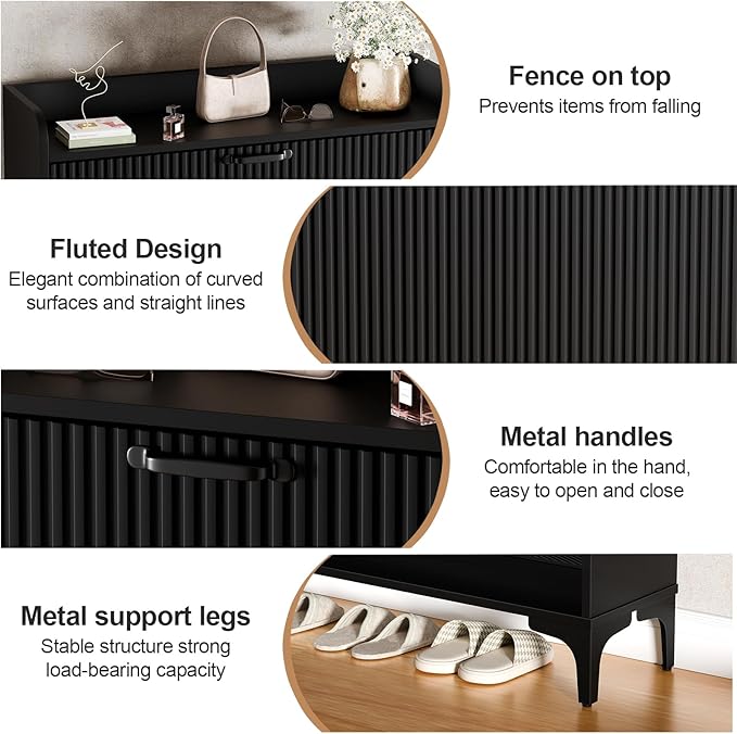 HIFYOBRO Fluted Shoe Cabinet with 2 Flip Drawers, Hidden Shoes Storage Cabinet, Modern Shoe Rack Organizer, Freestanding Narrow Shoes Organizer for Hallway, Entryway (Black)