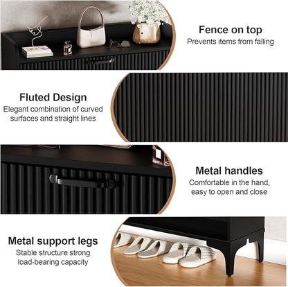 HIFYOBRO Fluted Shoe Cabinet with 2 Flip Drawers, Hidden Shoes Storage Cabinet, Modern Shoe Rack Organizer, Freestanding Narrow Shoes Organizer for Hallway, Entryway (Black)