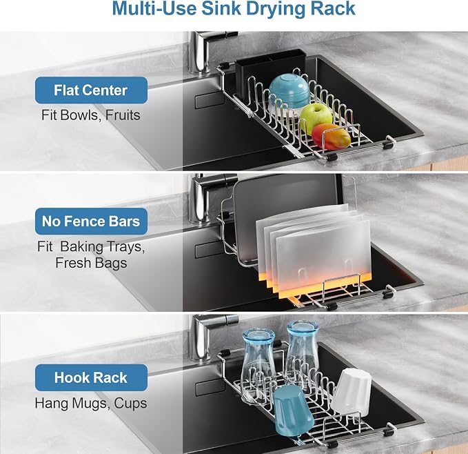GSlife Large Capacity Expandable Dish Drying Rack with Absorbent Mat, 2-Piece Stainless Steel Dish Drainer Set for Counter with Removable Over Sink Rack, Family Size 15" W x 16.5"-21.5" L, Silver
