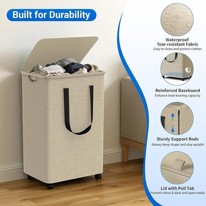 Laundry Basket with 5 Wheels, Tall Dirty Laundry Hamper, Rolling Laundry Basket with Lid, Large 100L Collapsible Clothes Hamper for Laundry Room Bedroom Bathroom Dorm, Khaki