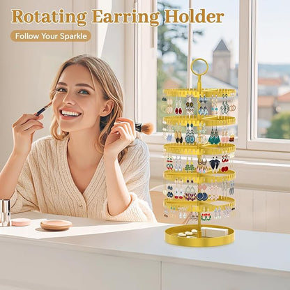 MODOWEY 5 Tier Rotating Earring Holder Organizer Display Tree with Metal Tray, Adjustable Plastic Stand with 285 Slots for Stud Hoop Hanger, Large Capacity Storage Rack for Women Space Saving, Gold