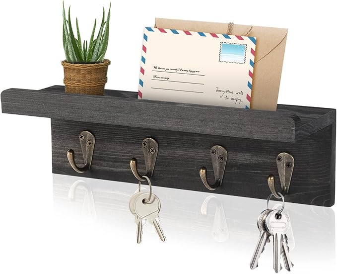 Rustic Key Holder for Wall, Farmhouse Wall Shelf with 4 Hooks, Wall Mounted Key Racks, Wooden Mail Organizer with Hooks for Entryway (Black - Pine)