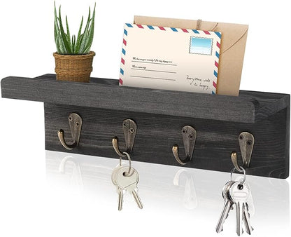 Rustic Key Holder for Wall, Farmhouse Wall Shelf with 4 Hooks, Wall Mounted Key Racks, Wooden Mail Organizer with Hooks for Entryway (Black - Pine)