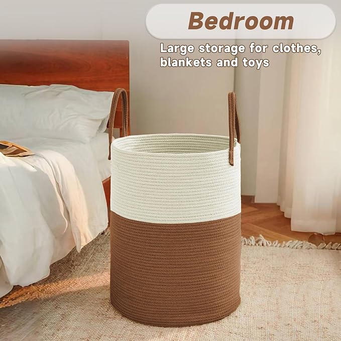 JMvicyroam Large Woven Laundry Basket Hamper,100L Cotton Rope Storage Bin for Blankets,Toys and Clothes,Decorative Tall Nursery Hamper for Living Room,Baby Nursery,Bathroom and Bedroom,White and Brown