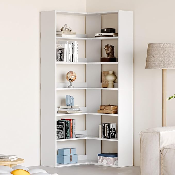 MXV 71.5" Tall L-Shaped Corner Bookshelf, 6-Tier 23.6" Wide Wooden Bookcase with Storage Organizer, Display Shelf for Home, Office, Living Room (23.6")