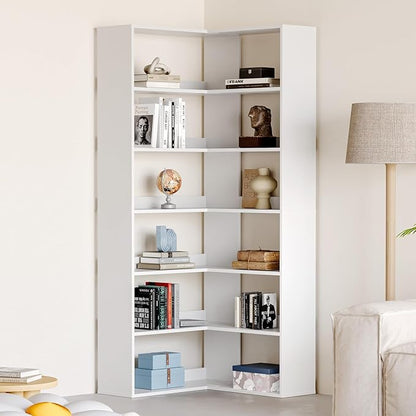 MXV 71.5" Tall L-Shaped Corner Bookshelf, 6-Tier 23.6" Wide Wooden Bookcase with Storage Organizer, Display Shelf for Home, Office, Living Room (23.6")