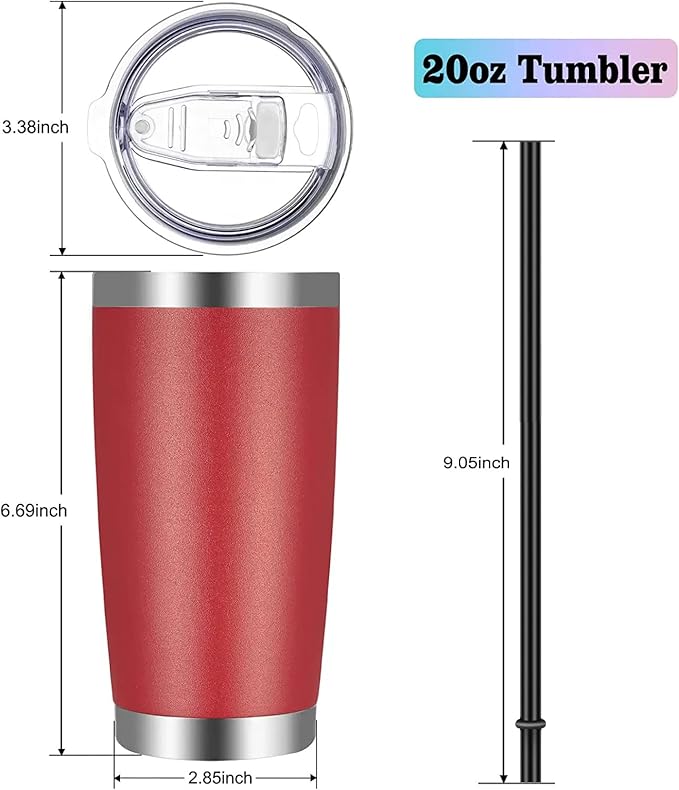 VEGOND 20oz Tumbler with Lid and Straw Stainless Steel Tumbler Cup Bulk Vacuum Insulated Double Wall Travel Coffee Mug Powder Coated Coffee Cup(Powder Red 6 Pack