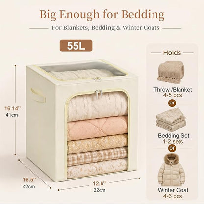 GoMaihe Clothes Storage Bins with Metal Frame, 55L Blanket Storage Boxes for Above Shelf Closet, 6 Pack Stackable Clothing Storage Organizer with Clear Window for Bedding Sweaters Comforters – Beige