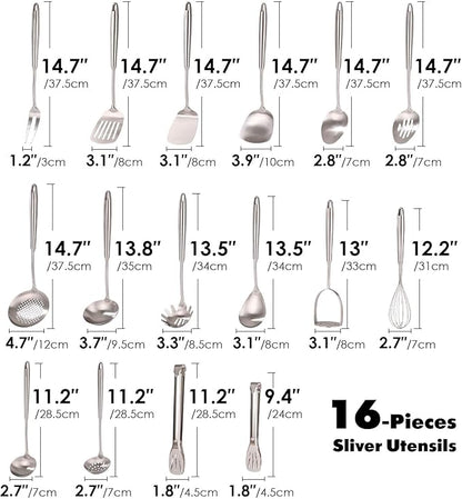 18/10 Stainless Steel Cooking Utensils Set - 16 PCS All Metal Serving Utensils, Kitchen Tools - Whisk, Masher, Fork, Tongs, Solid/Slotted Spoon, Spatula, Turner, Ladle, Skimmer, Pasta, Large Spoon Set