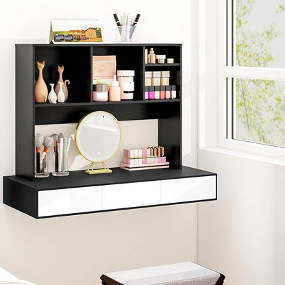 Desk Hutch, Desktop Shelf with 4 Shelves, Desk Bookshelf w/Anti-Toppling Devices, Wood Table Top Bookshelf Organizer, Small Desk Shelf for Study, Office, Dorm (Black, 4 Shelves)