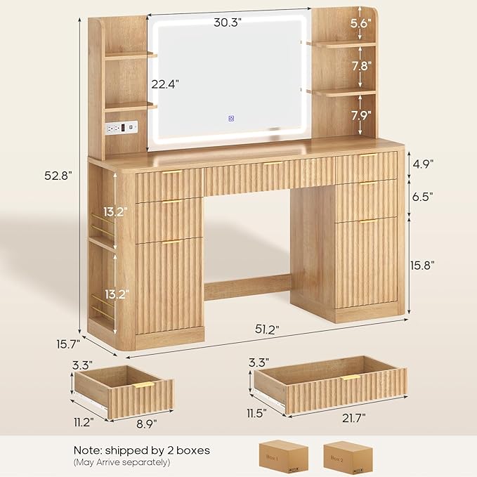 51.2" Fluted Makeup Vanity Desk with Large 30.3" Mirror and Lights, 5 Drawer Vanity with Power Strip, 6 Open Shelves, 2 Cabinet，Modern Dressing Table with Solid Wood Legs for Bedroom, Oak