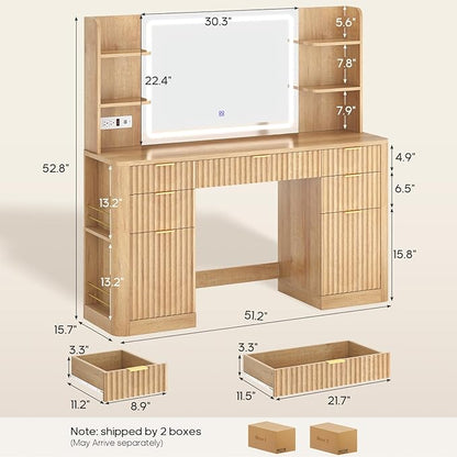 51.2" Fluted Makeup Vanity Desk with Large 30.3" Mirror and Lights, 5 Drawer Vanity with Power Strip, 6 Open Shelves, 2 Cabinet，Modern Dressing Table with Solid Wood Legs for Bedroom, Oak