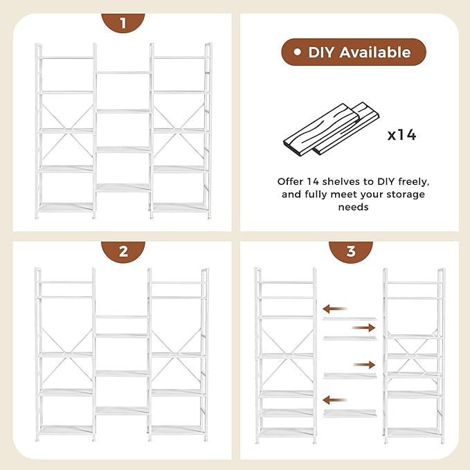 SUPERJARE Triple Bookshelf, Bookcase with 11 Open Display Shelves, Wide Book Shelf Book Case for Home & Office, 5 Tier, White
