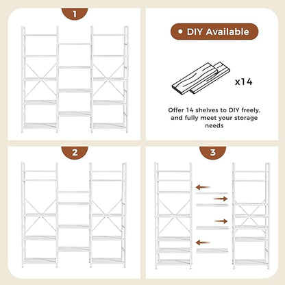 SUPERJARE Triple Bookshelf, Bookcase with 11 Open Display Shelves, Wide Book Shelf Book Case for Home & Office, 5 Tier, White