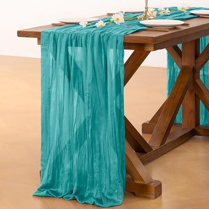 Socomi 3pcs Teal Blue Spring Cheesecloth Table Runner Boho Rustic Gauze 120 inch 10FT Cheese Cloth Runner for Wedding Party Baby Shower Birthday Home Decor