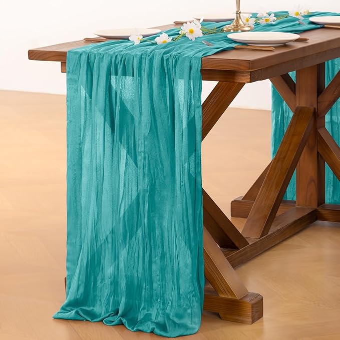 Socomi 10pcs Teal Blue Cheesecloth Table Runner Boho Rustic Gauze 120 inch 10FT Cheese Cloth Runner for Wedding Party Baby Shower Birthday Home Decor Holiday Decorations