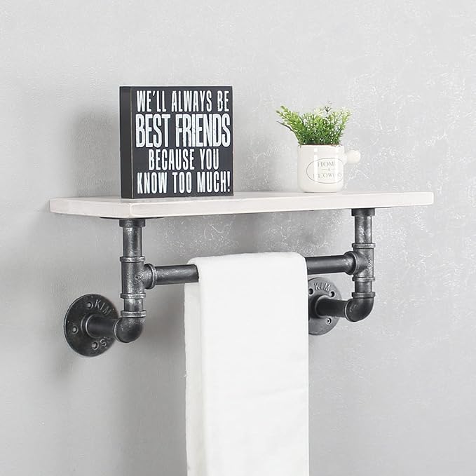 Industrial Pipe Shelf Bathroom Shelves Wall Mounted,19.6in Rustic Wood Shelf with Towel Bar,1 Tier Farmhouse Towel Rack Over Toilet,Pipe Shelving Floating Shelves Towel Holder,Retro White