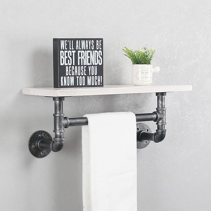 Industrial Pipe Shelf Bathroom Shelves Wall Mounted,19.6in Rustic Wood Shelf with Towel Bar,1 Tier Farmhouse Towel Rack Over Toilet,Pipe Shelving Floating Shelves Towel Holder,Retro White