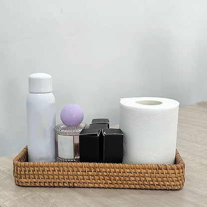 1PCS 10.63x4.33 Inch Rattan Bathroom Vanity Tray Vintage Storage Basket Bin Toilet Paper Basket for Bathroom Kitchen Toilet Tank Vanity Countertop Table Shelf