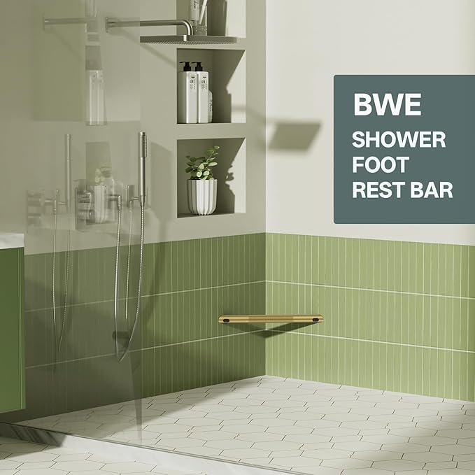 BWE Brushed Gold Shower Foot Rest Bar, Stainless Steel Bar Corner Shower Foot Rest for Shaving Legs, Non-Slip Knurled Shower Step, Wall Mounted Bathroom Shower Shaving Foot Rest