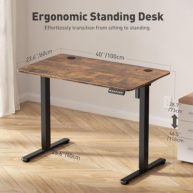 40" Electric Standing Desk Adjustable Height, Ergonomic Sit Stand Computer Desk for Home Office, Sturdy Motorized Workstation with Memory Controller & Timer, Brown
